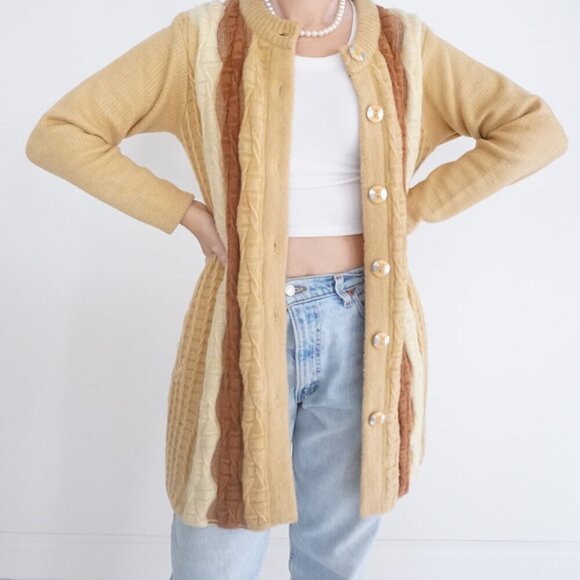 Vintage '60S Mukat Mustard & Brown Cable Knit Button Up Long Cardigan Sweater L - Picture 2 of 13